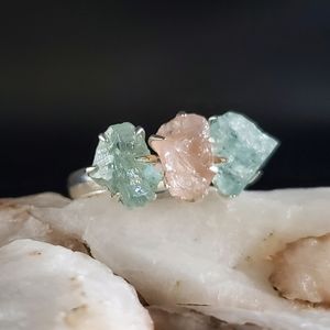 Sterling Silver 925 Ring Roze Quartz Raw Aquamarine Crystals Silversmith